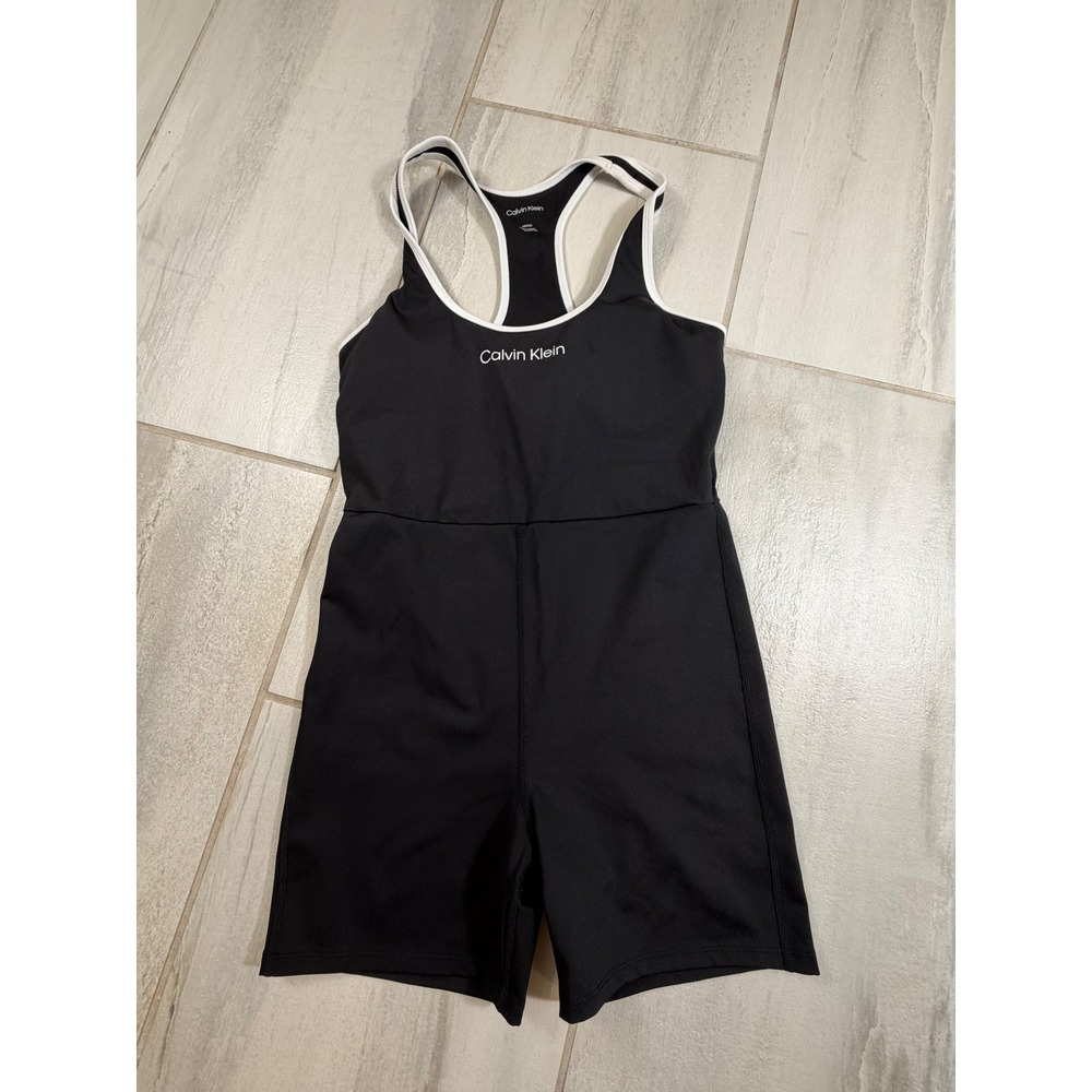 Calvin Klein Womens Black White Racerback Athletic Romper Bodysuit Small